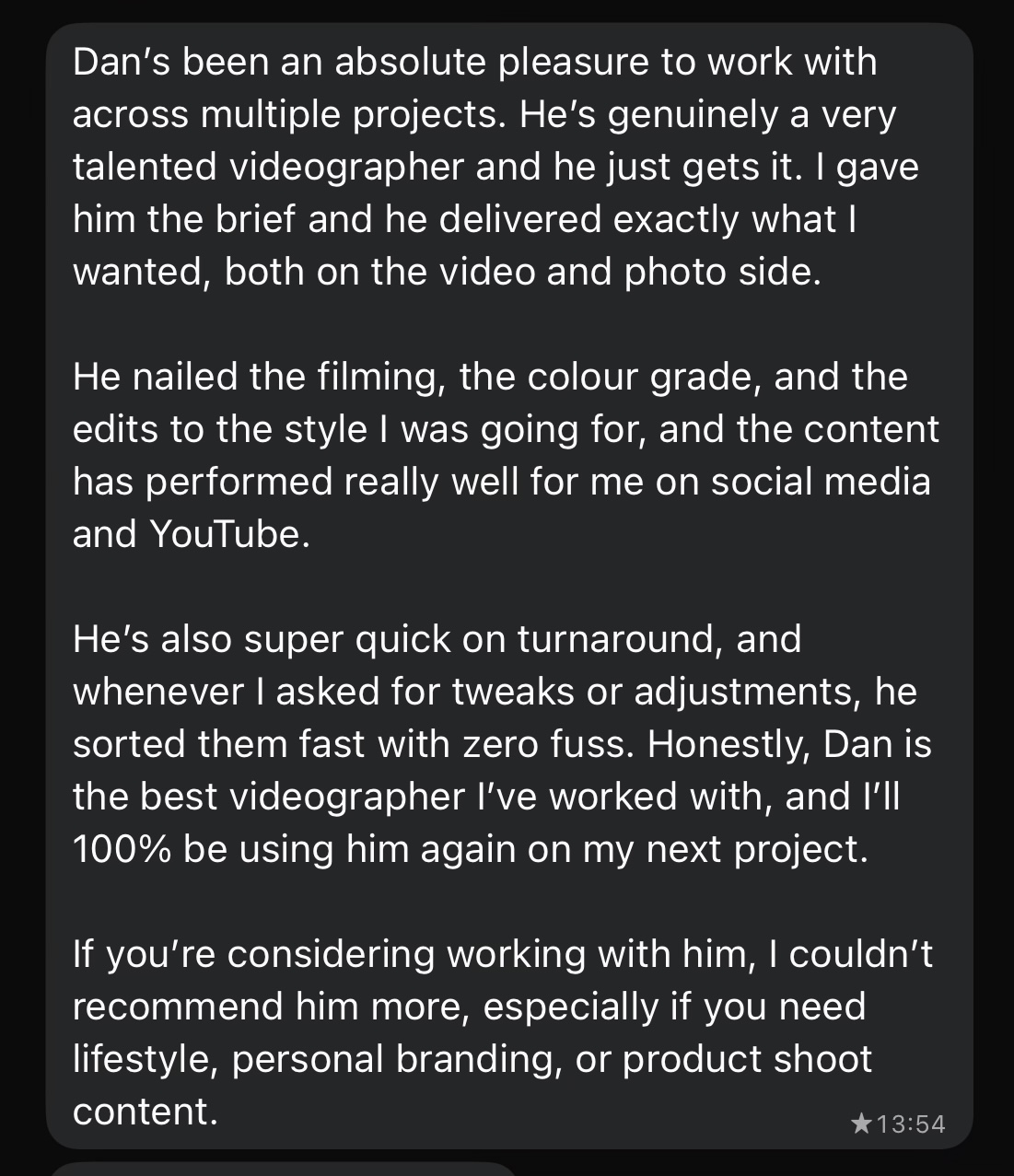 Client testimonial message